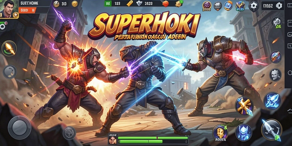 Gameplay aksi SUPERHOKI dengan pertarungan yang intens dan mendebarkan.