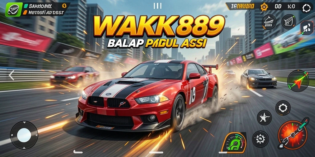 Tampilan gameplay WAK89 dengan mobil balap yang melaju kencang.