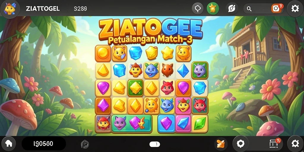 Screenshot gameplay ZIATOGEL dengan buah-buahan berwarna cerah.